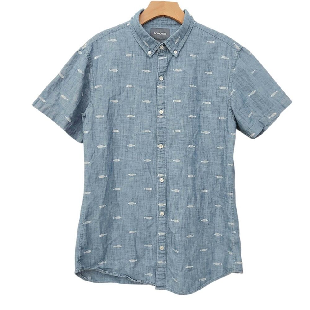 Bonobos Riviera Shirt Mens Medium Long Blue Slim Fit Fish Print Cotton Nautical